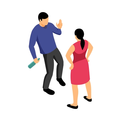 Isometric characters of drunk man and his angry wife 3d vector illustration