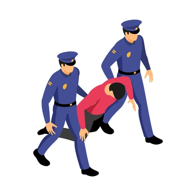 Alcoholism isometric icon with two policemen carrying drunk man 3d vector illustration