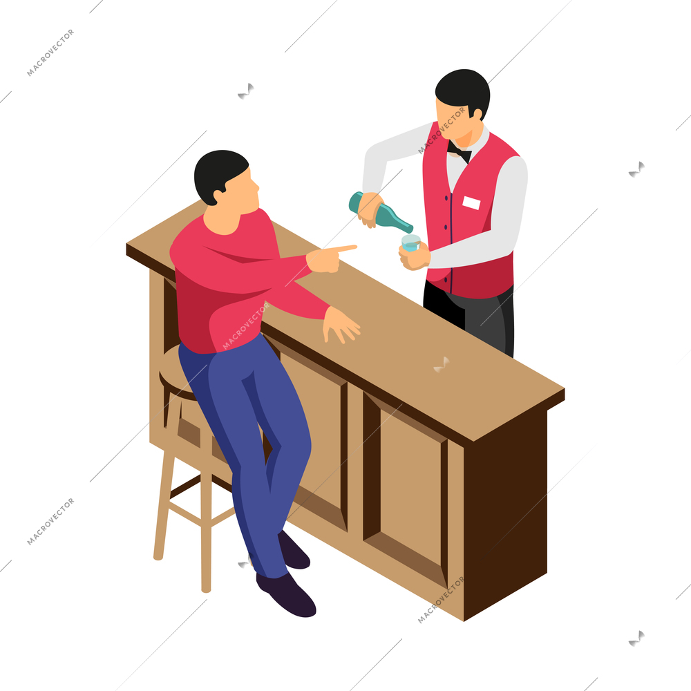 Isometric alcoholism concept with man drinking alcohol in bar 3d vector illustration