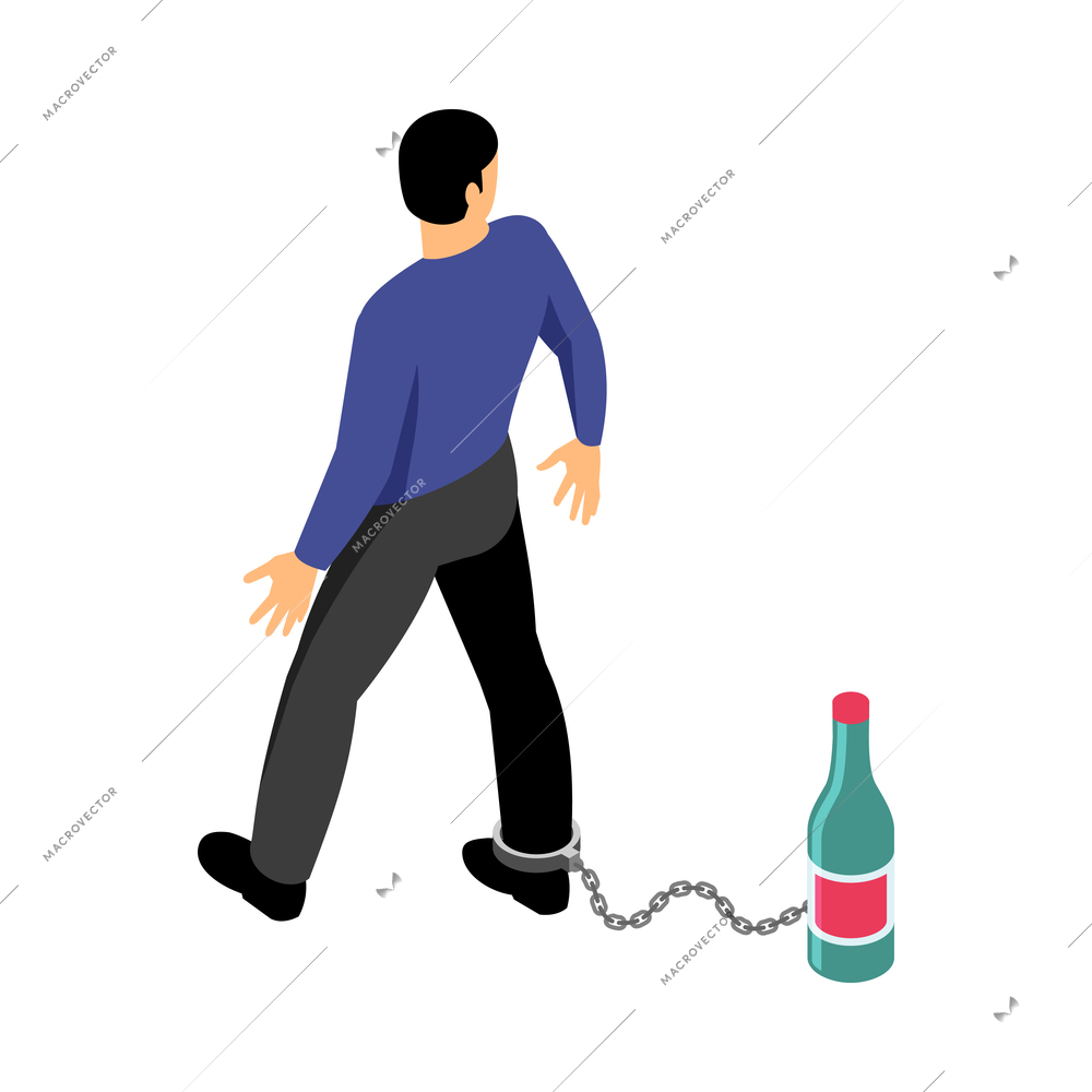 Alcoholism isometric concept with addicted to drinking man chained to bottle 3d vector illustration