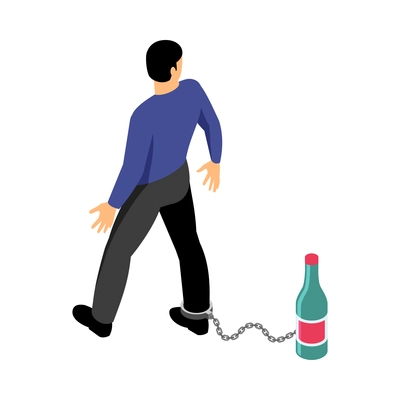 Alcoholism isometric concept with addicted to drinking man chained to bottle 3d vector illustration