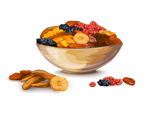 Dried fruits bowl composition with prune banana dried apricot vector illustration