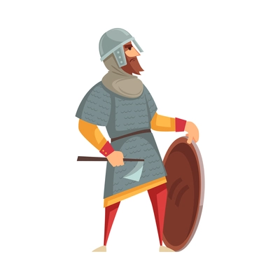 Brave medieval knight with shield and axe cartoon vector illustration