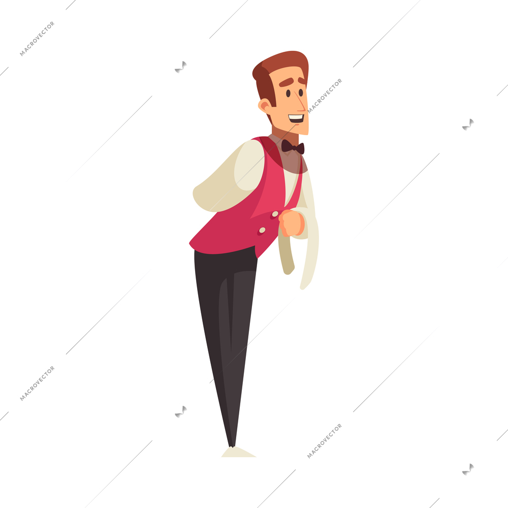 Cartoon smiling polite waiter character on white background vector illustration