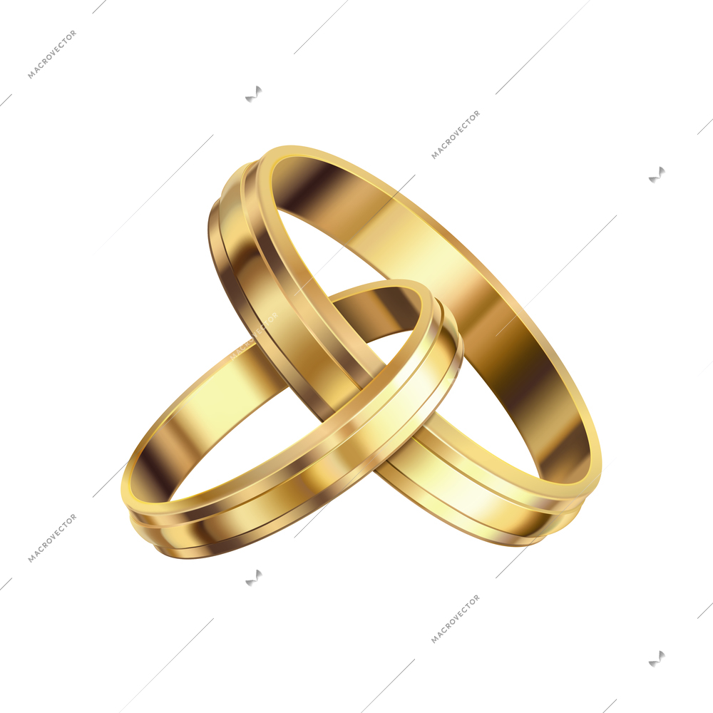 Two realistic shiny wedding bands on white background vector illustration