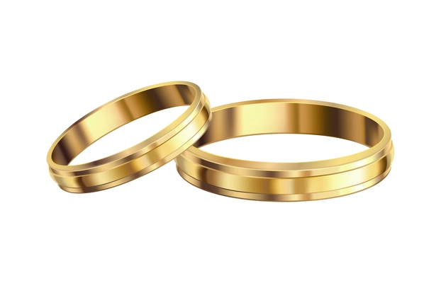 Realistic pair of gold wedding rings on white background vector illustration
