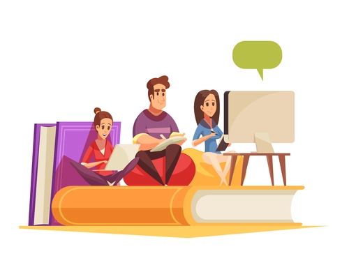 Online courses cartoon concept with happy people studying together on computer vector illustration