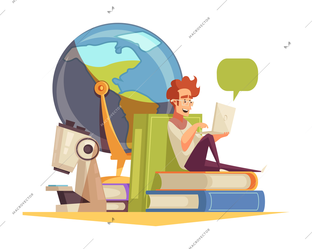 Cartoon distance learning concept with microscope globe happy man studying online vector illustration