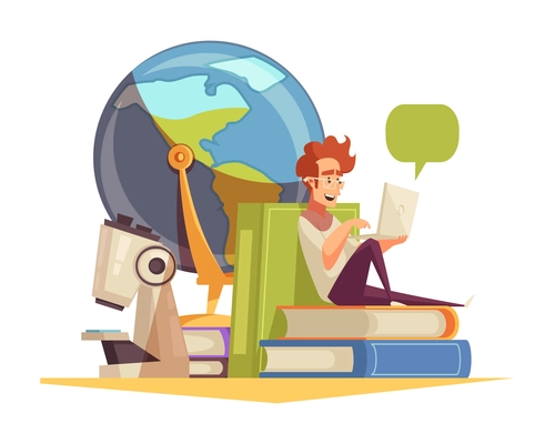 Cartoon distance learning concept with microscope globe happy man studying online vector illustration