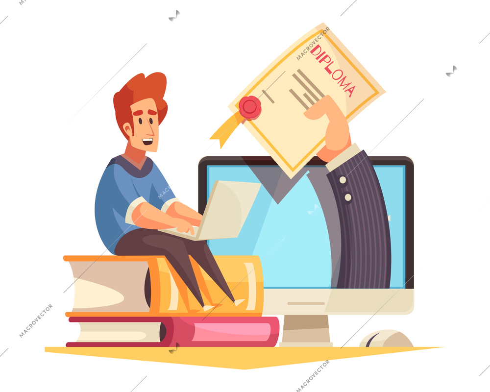 Online courses getting university degree diploma cartoon composition with happy graduate computer books vector illustration