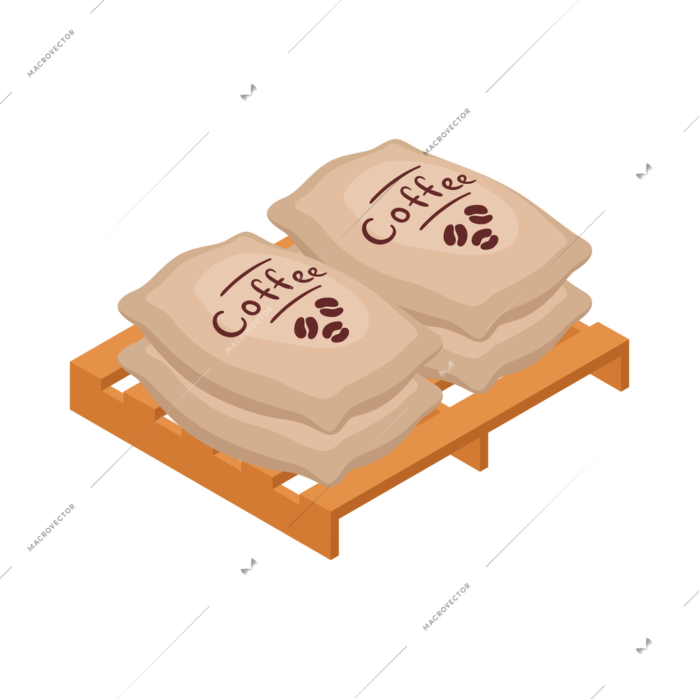 Isometric sacks of coffee beans on wooden pallet 3d vector illustration