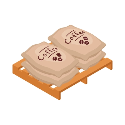 Isometric sacks of coffee beans on wooden pallet 3d vector illustration