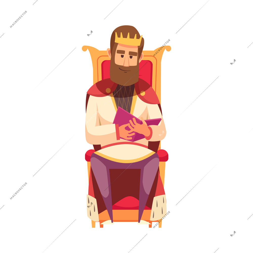 King reading book on throne flat cartoon vector illustration