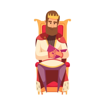 King reading book on throne flat cartoon vector illustration