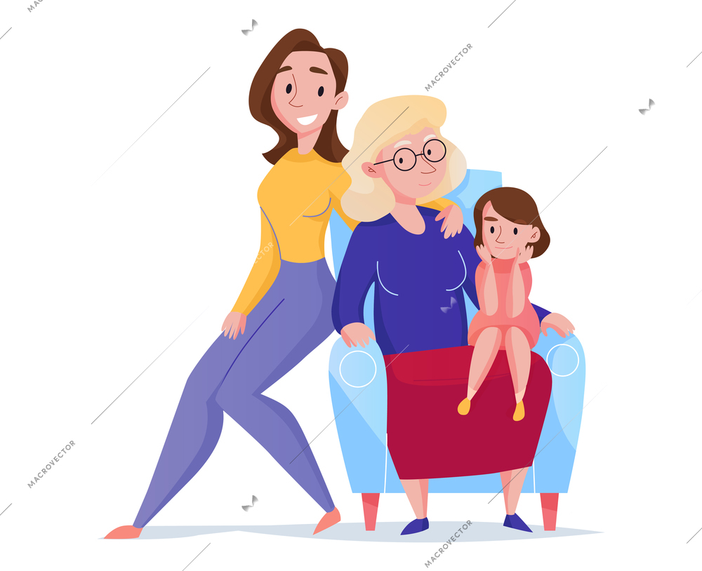 Flat women generation with happy grandmother mother and daughter sitting together vector illustration