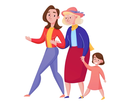 Flat women generation with grandma mom and girl walking together vector illustration