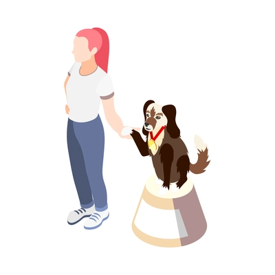 Isometric woman and her dog exhibition winner with medal 3d vector illustration