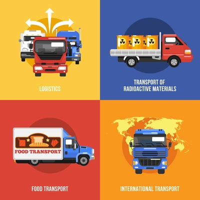 Truck icons flat set with logistics radioactive materials food international transport isolated vector illustration