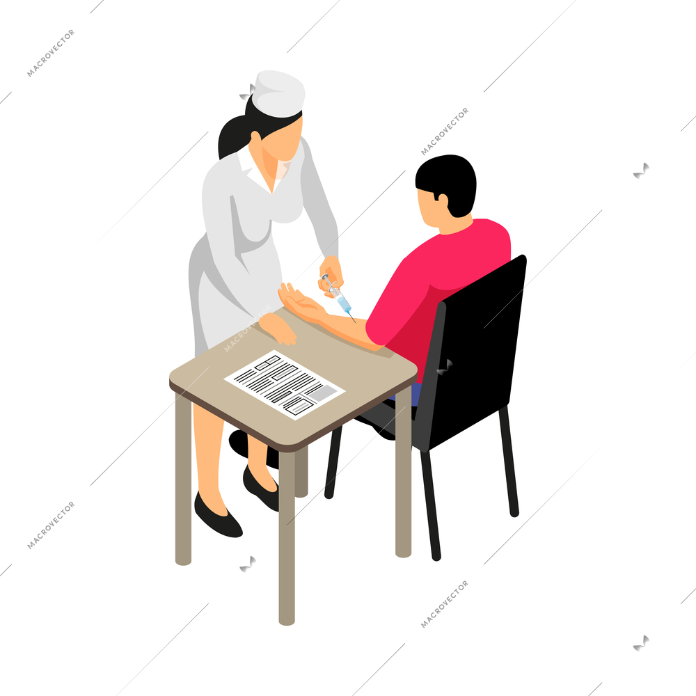 Male patient and female nurse during vaccination isometric icon vector illustration