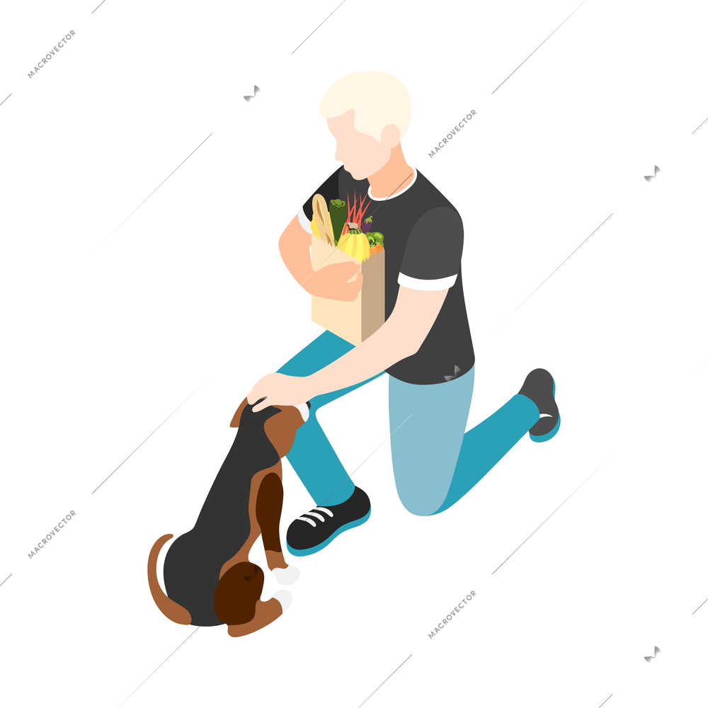 Isometric man with shopping bag stroking little dog 3d vector illustrtaion