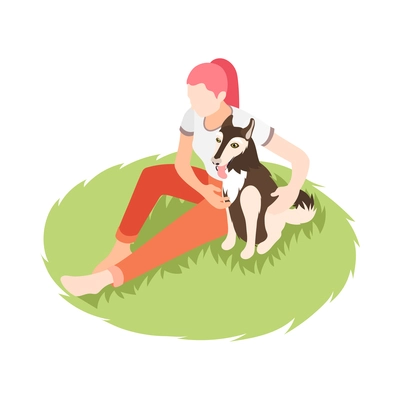 Isometric woman and her dog outdoors sitting on green lawn 3d vector illustration
