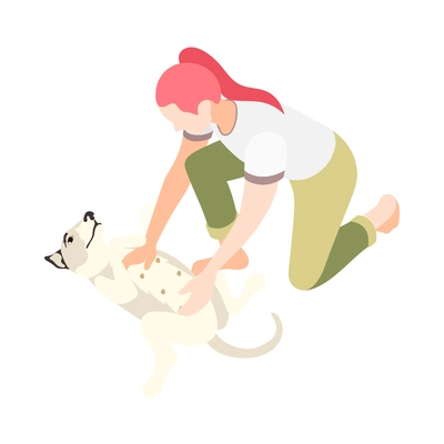 Isometric woman playing with her cute dog 3d vector illustration