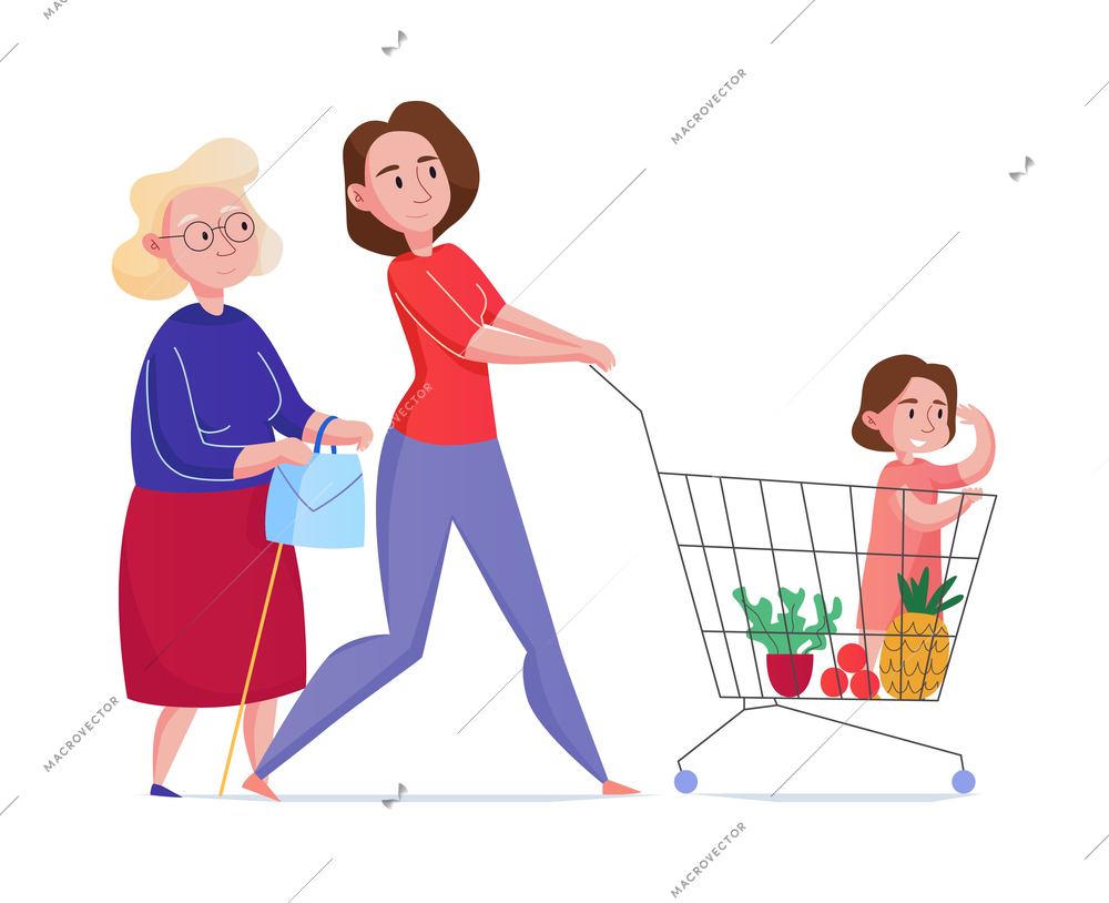 Women generation with grandma mother and girl doing shopping together in supermarket flat vector illustration