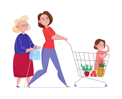 Women generation with grandma mother and girl doing shopping together in supermarket flat vector illustration