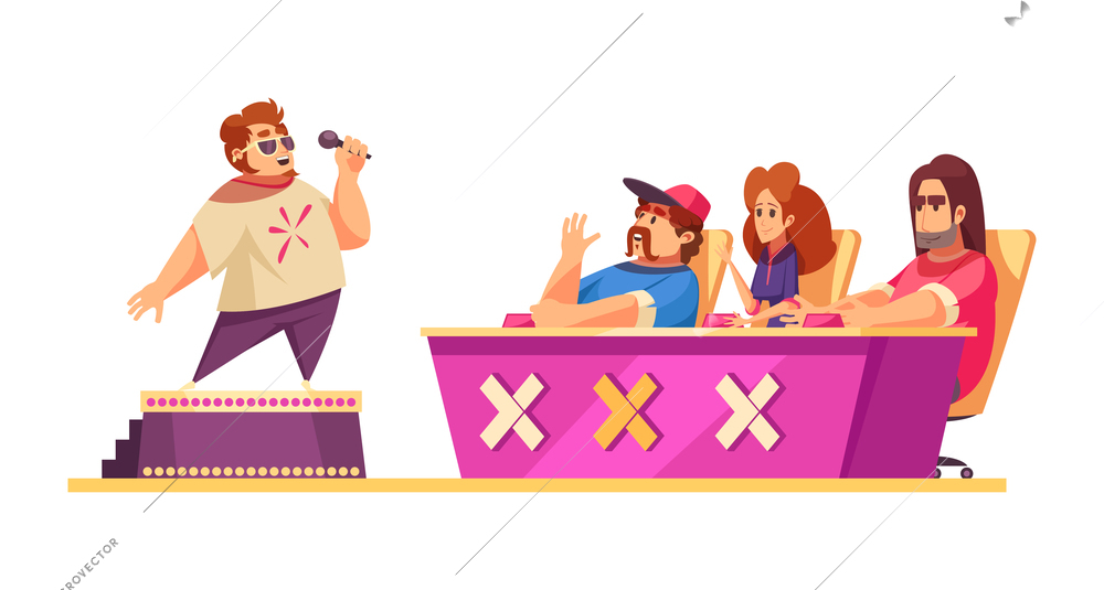 Tv singing show cartoon composition with male contestant performing in front of jury vector illustration