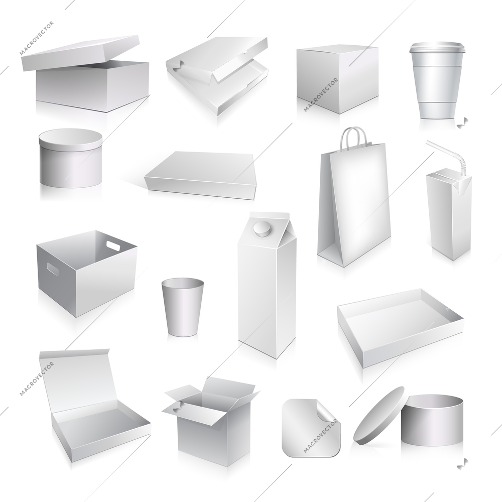 Packaging set with paper cup carton containers and boxes blank isolated vector illustration