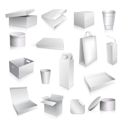 Packaging set with paper cup carton containers and boxes blank isolated vector illustration