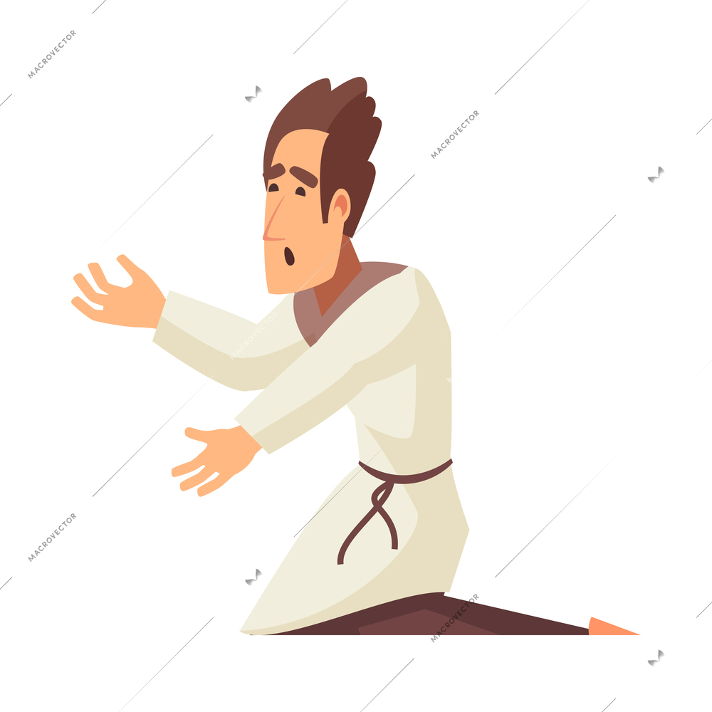 Poor medieval peasant on his knees cartoon character vector illustration