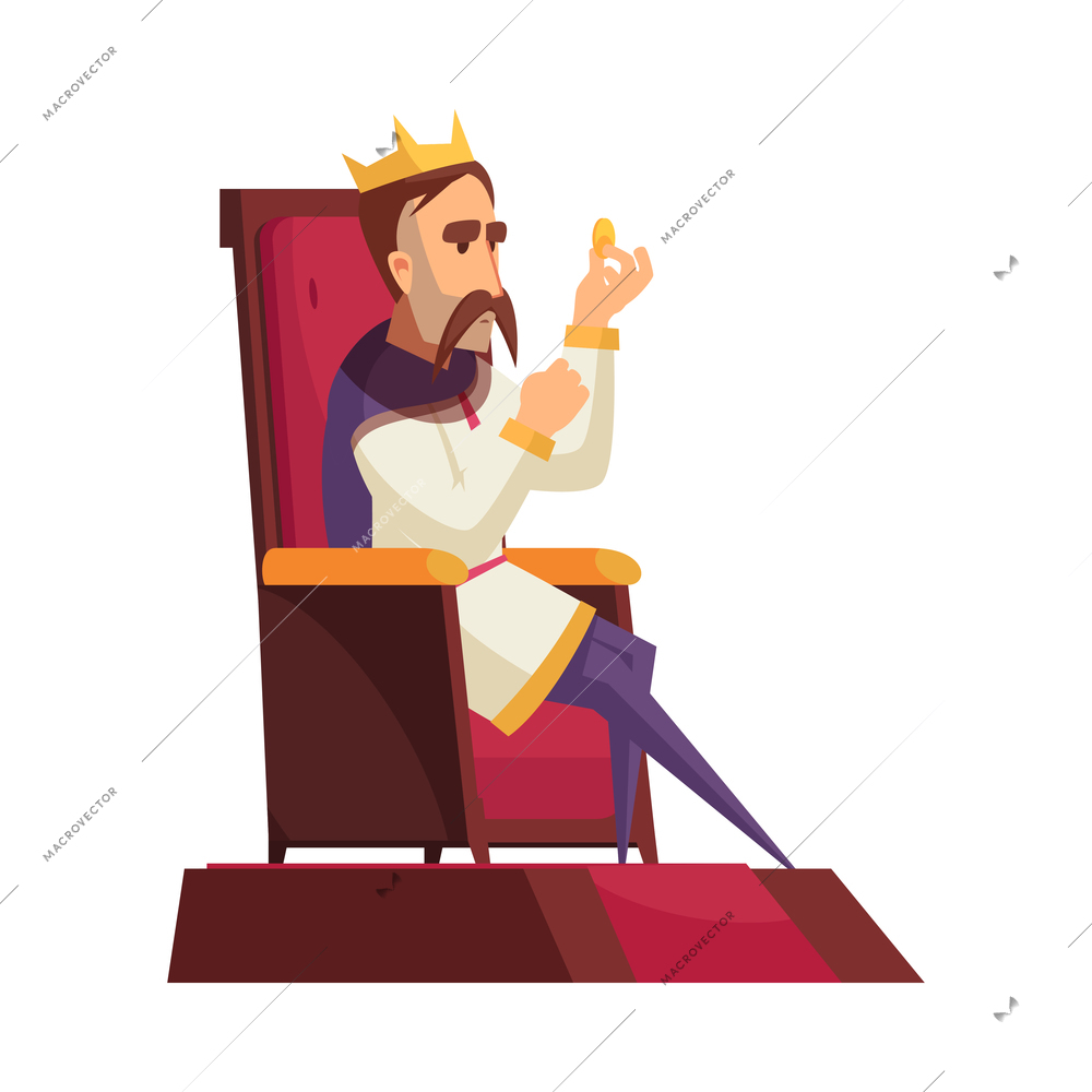 Cartoon king on throne holding gold coin flat vector illustration