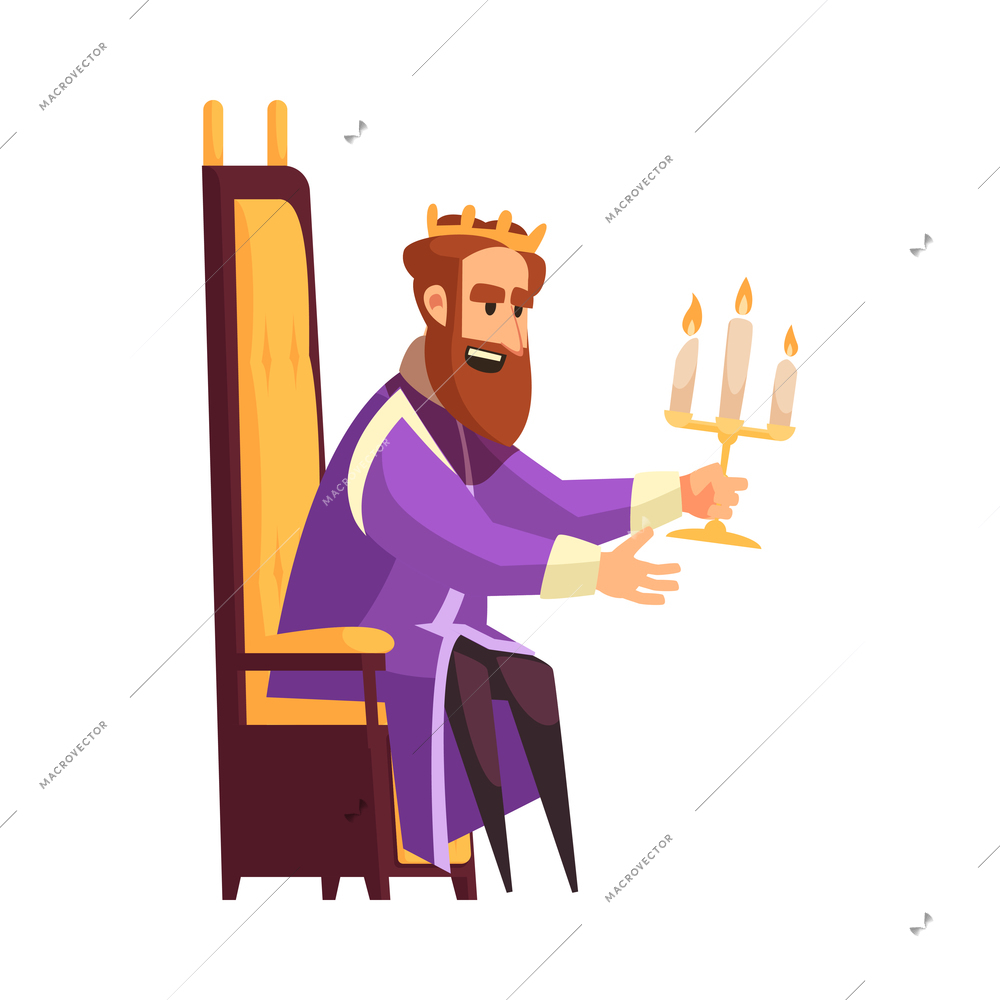 Happy cartoon king with candlestick sitting on throne flat vector illustration