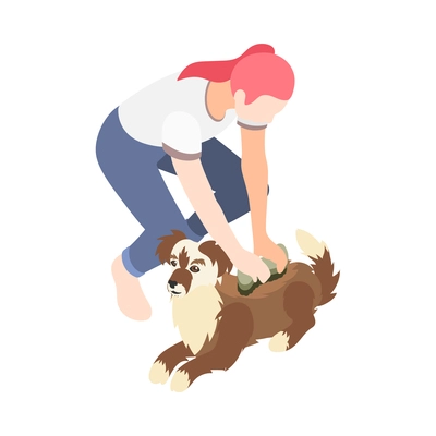 Isometric woman brushing little dog 3d icon vector illustration
