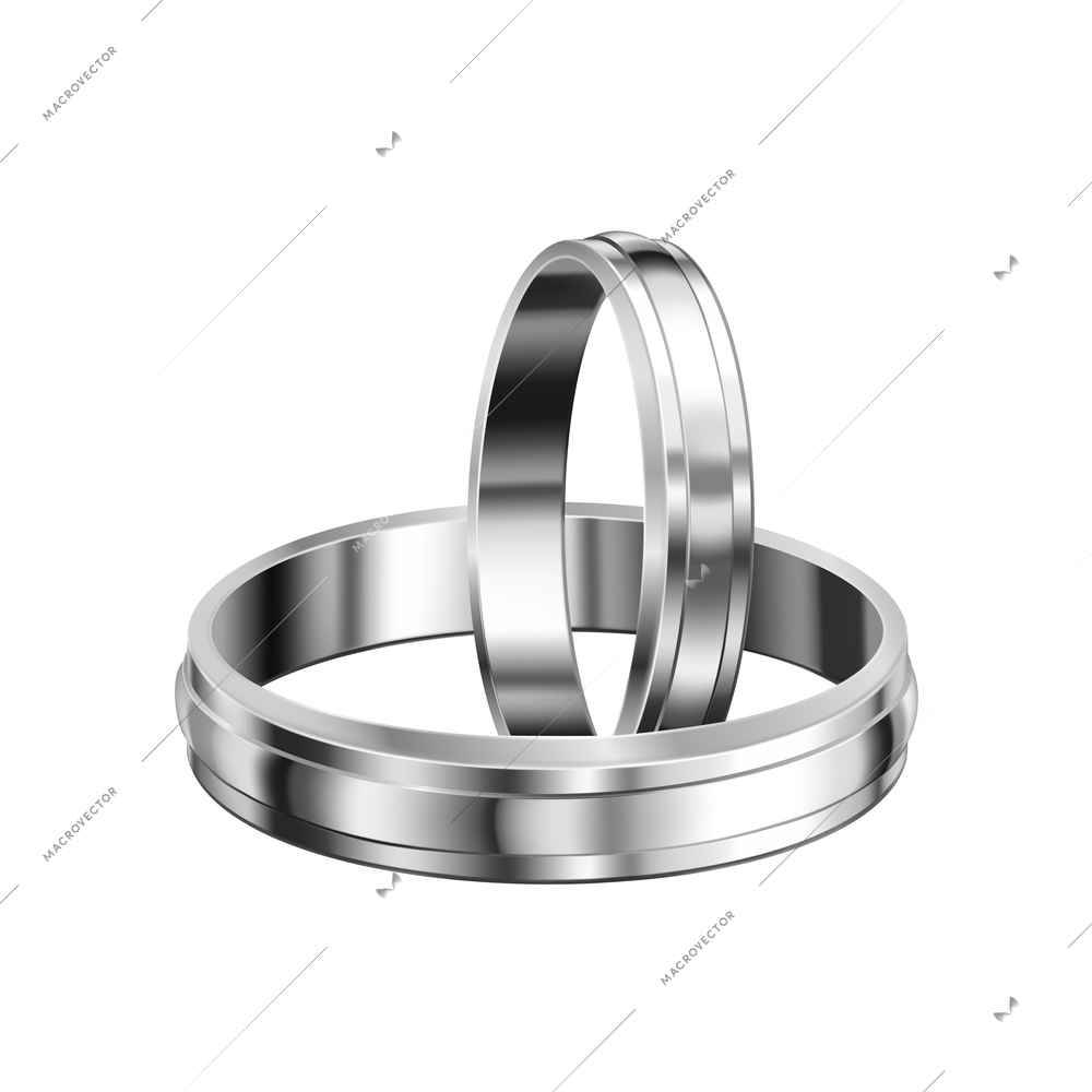 Realistic silver wedding rings pair on white background vector illustration