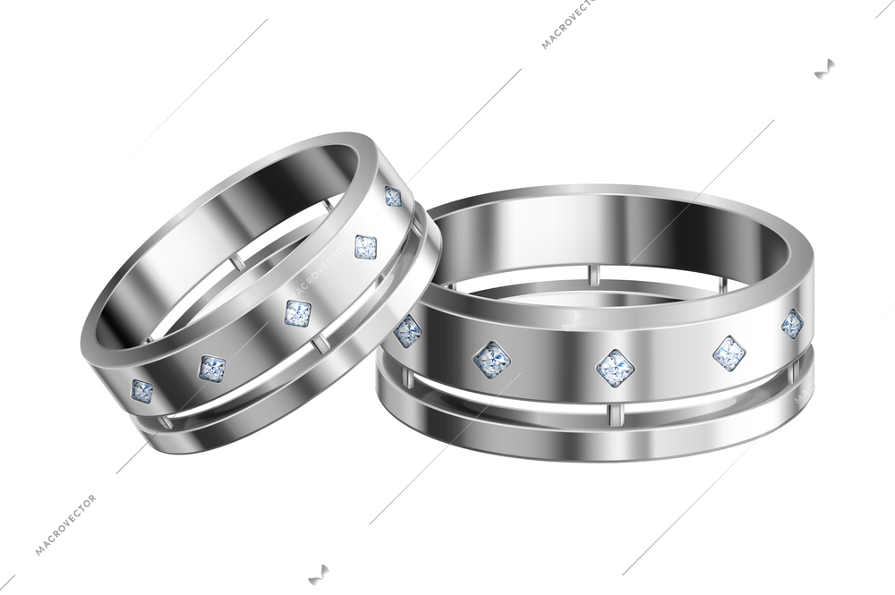 Pair of realistic platinum or white gold wedding rings with diamonds vector illustration