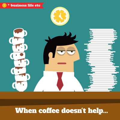 Business life. Fatigued and exhausted executive late at work when coffee doesn't help vector illustration