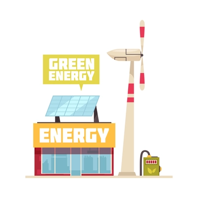 Green energy renewable power source cartoon concept with wind turbine and solar panel on building vector illustration