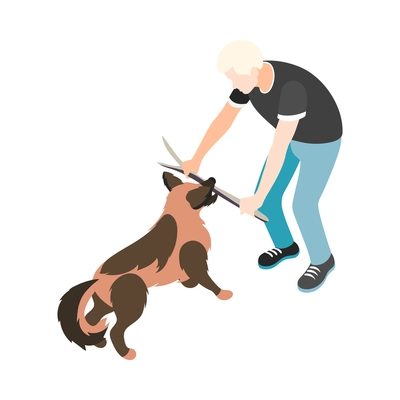 Isometric man playing with his dog outdoors with stick 3d vector illustration