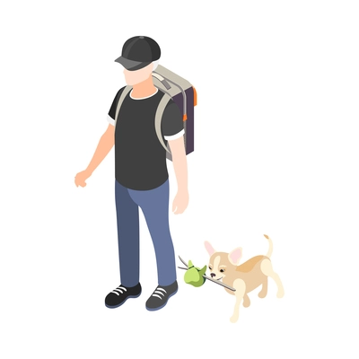 Isometric man with backpack travelling with his cute little dog 3d vector illustration