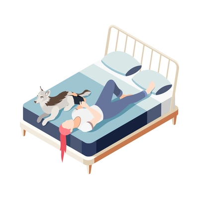 Woman reading book with her dog lying beside on bed 3d isometric vector illustration