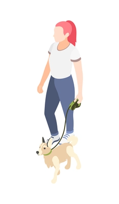 Woman walking her dog on leash 3d isometric vector illustration