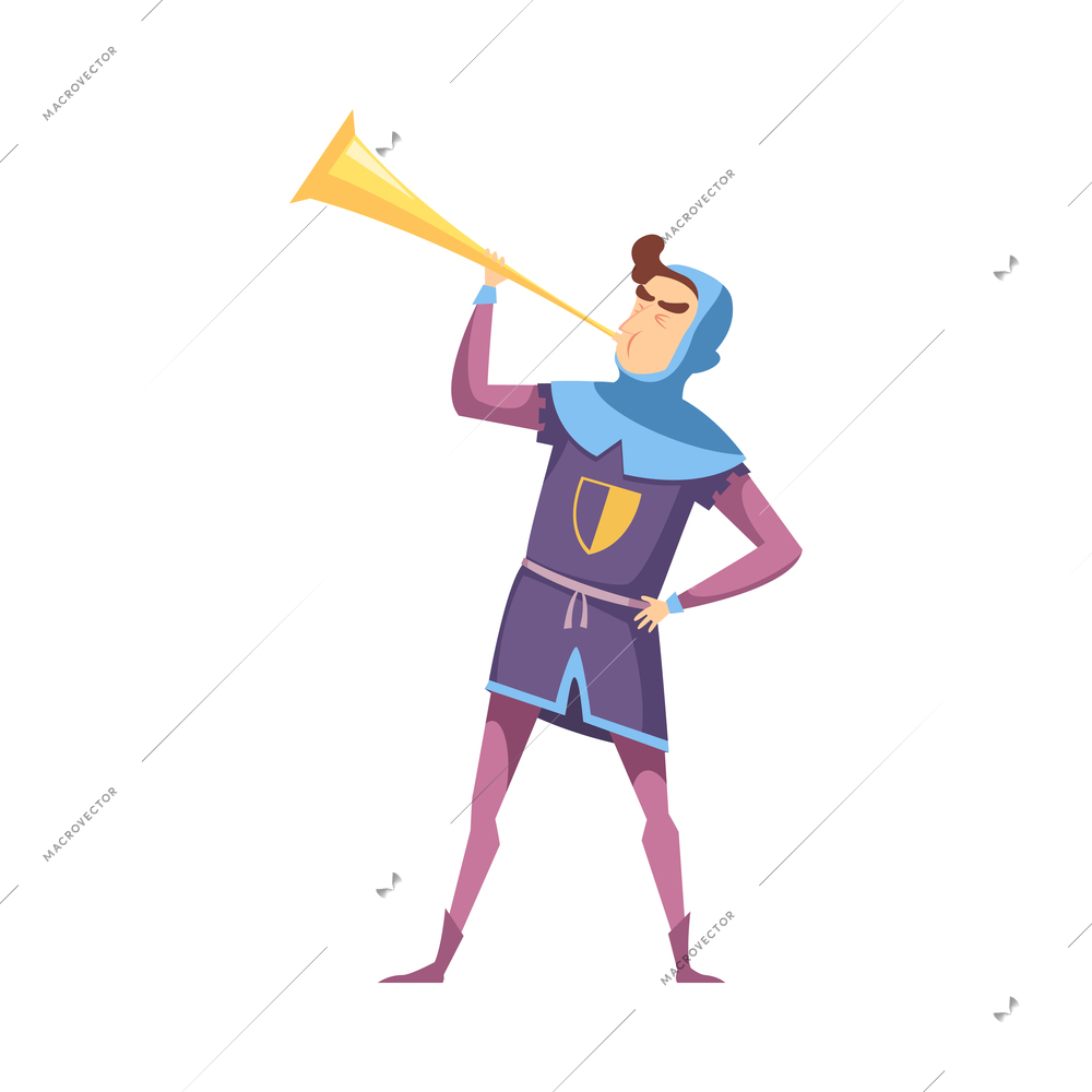 Cartoon character of medieval royal messenger with horn vector illustration