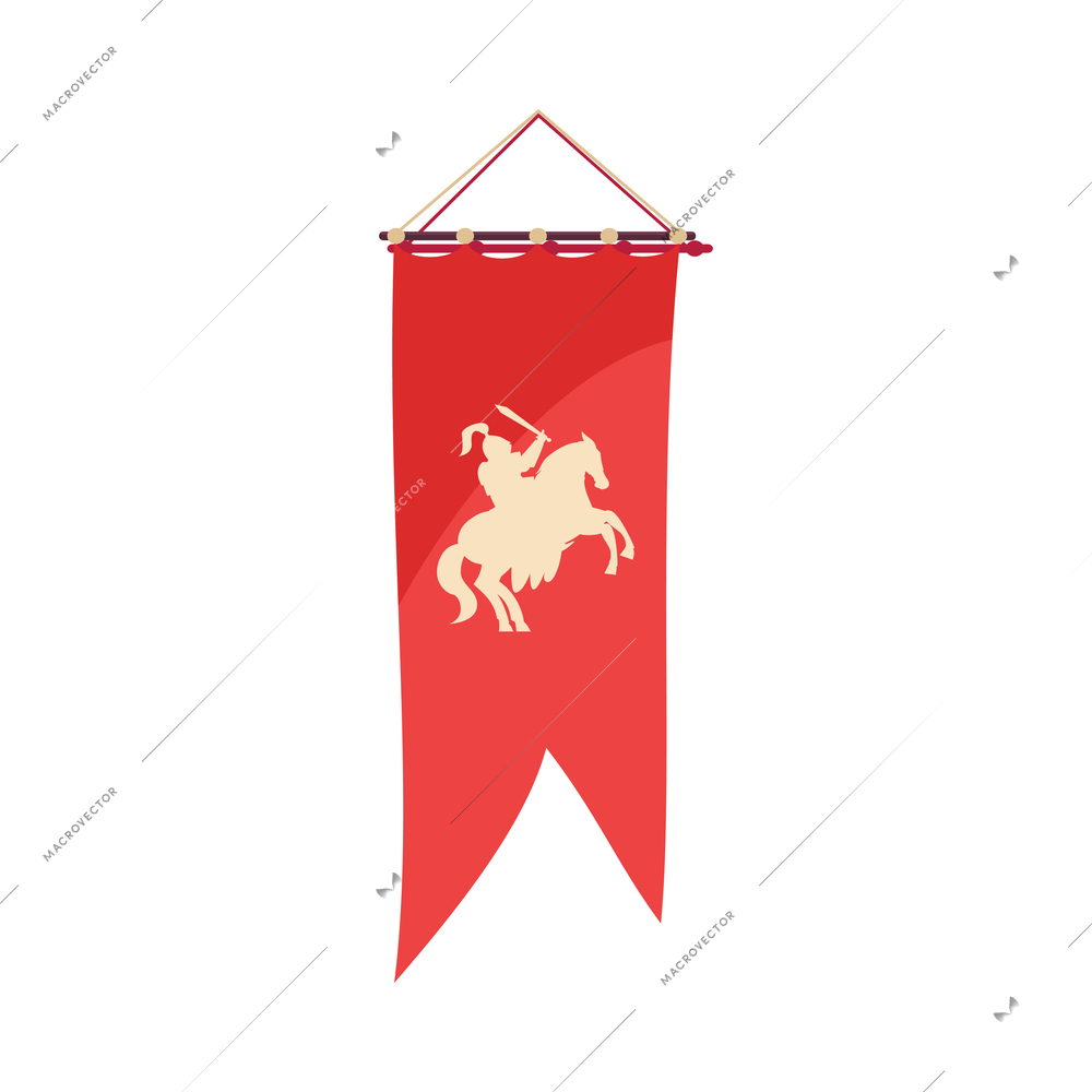 Cartoon royal red pennant flag with knight on horse flat vector illustration