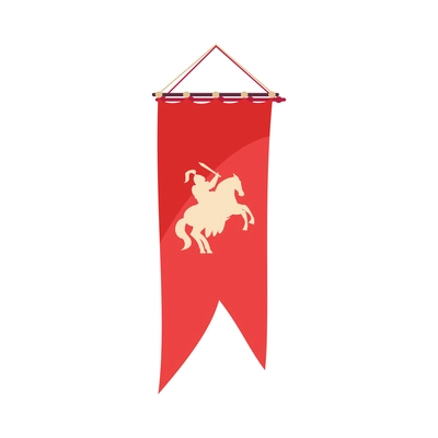 Cartoon royal red pennant flag with knight on horse flat vector illustration