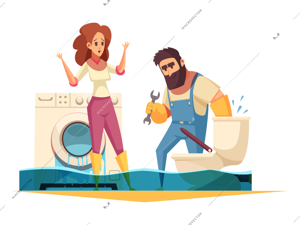 Plumber fixes leaking toilet bowl in flooded bathroom cartoon vector illustration