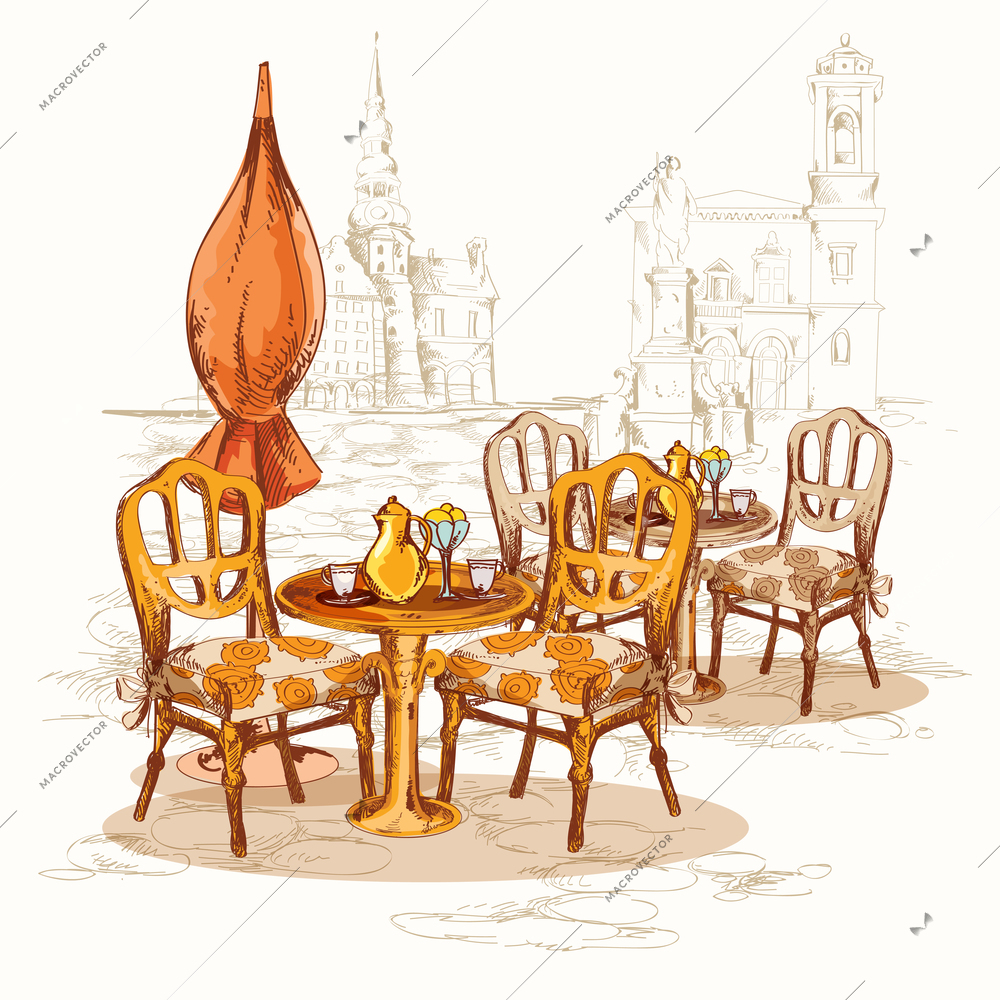 Street cafe sketch poster with chairs table and old town on background vector illustration