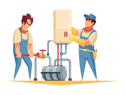 Two cartoon plumbers in uniform fixing boiler vector illustration