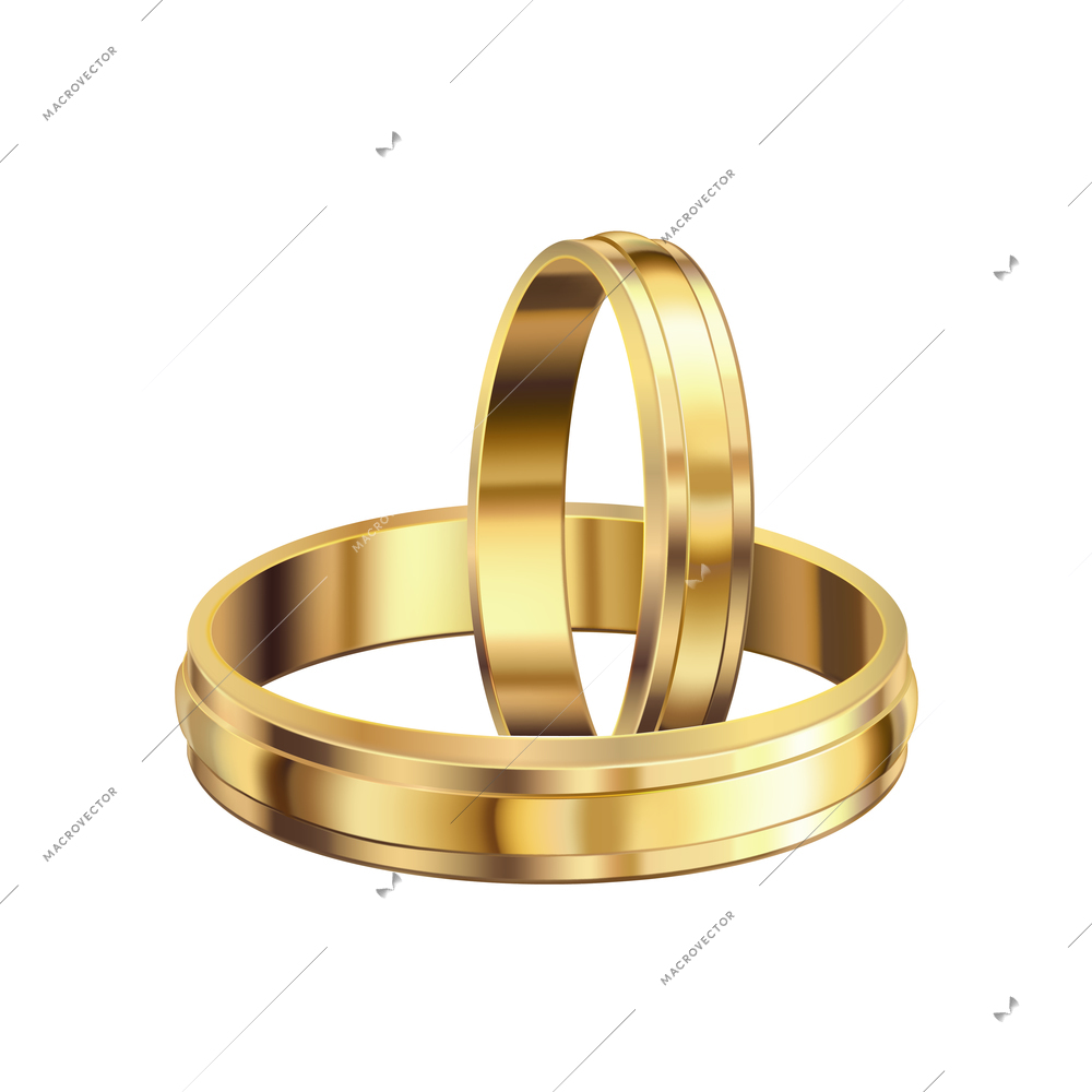 Golden wedding bands rings on white background realistic vector illustration